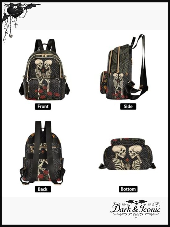 Mini Backpack Purse Lightweight Travel Daypack with Skull Roses Pattern Quilted main image 4
